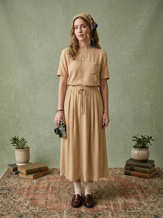 Vintage Dresses & Skirts - Vintage Carole Little 2-Piece Rayon Set | Minimalist Boho Camel Tan Sz 2 / 4 P